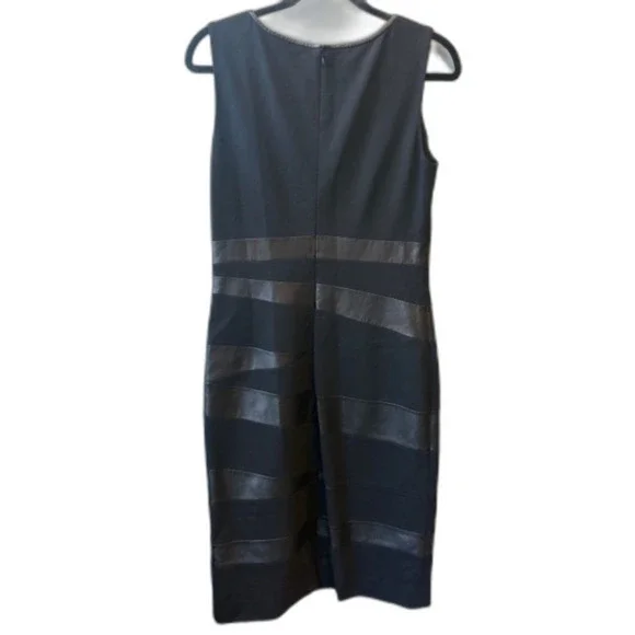 Lafayette 148 NY Black Sheath Dress Real Leather Stripe Detail Size 8 Cocktail - Picture 6 of 9